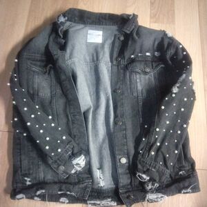 MISSLOOK Black Denim Jacket with Pearl Details